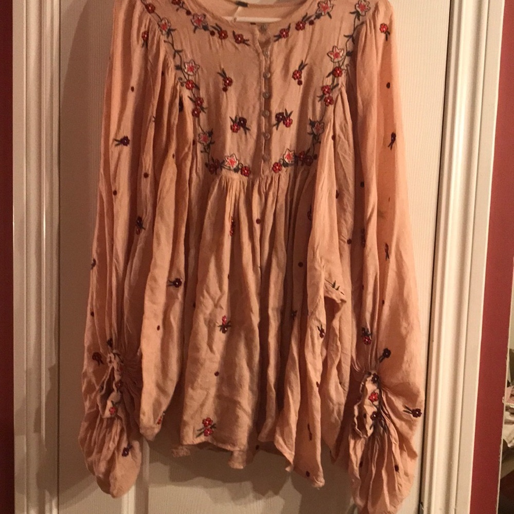 Romantic beaded free people tunic dress top shirt xs 0 2 wide sleeve
